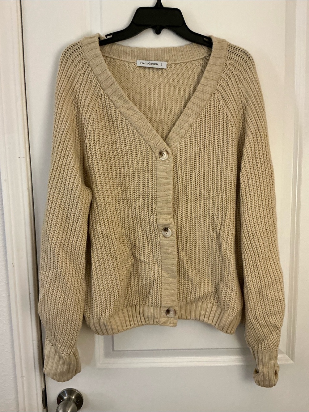 PrettyGarden Beige Chunky Ribbed Knit Cardigan Size L V-Neck Button Up